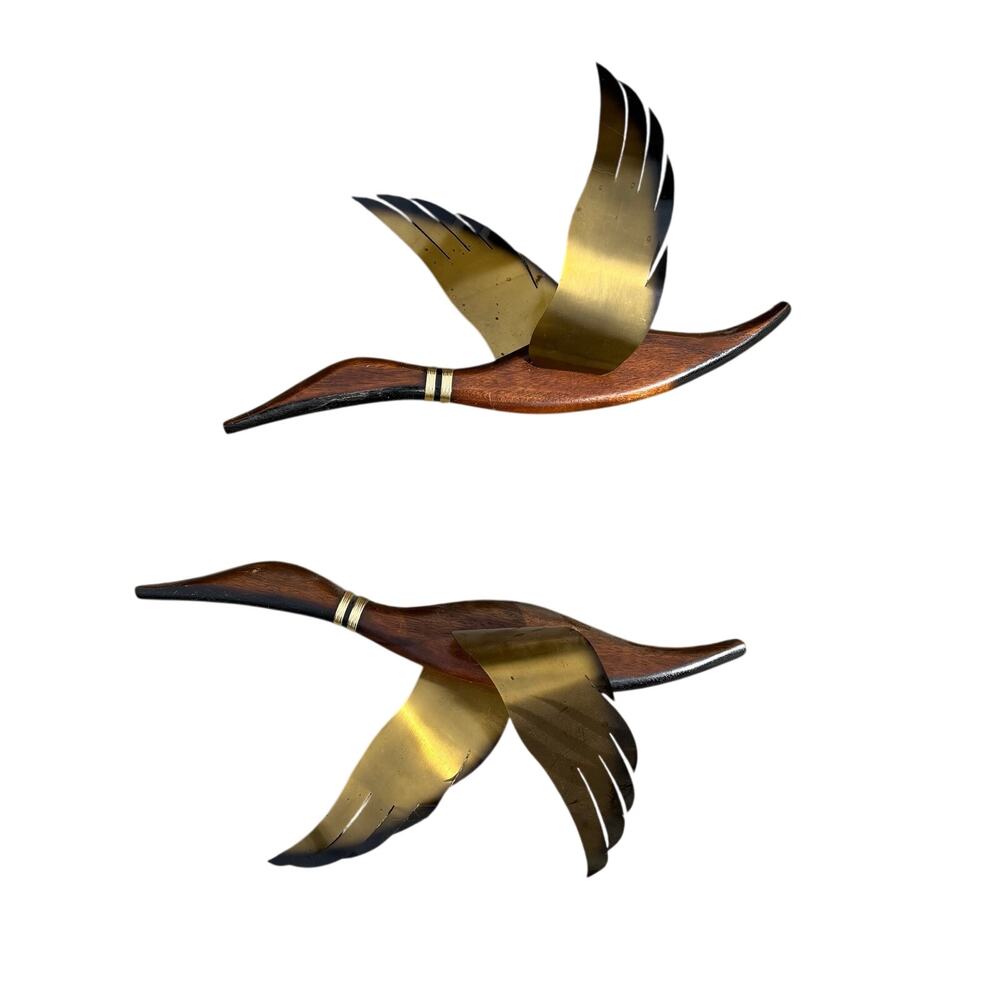 Set Vintage MCM Flying Teak Wood Brass Geese Mallord Ducks Hanging Wall Decor